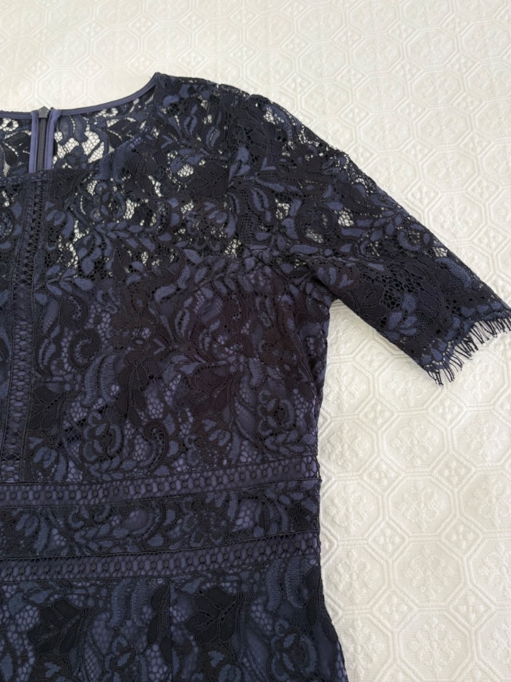 🩵 Eliza J Navy Blue Floral Lace Sheath Dress 14 Illusion Yoke
